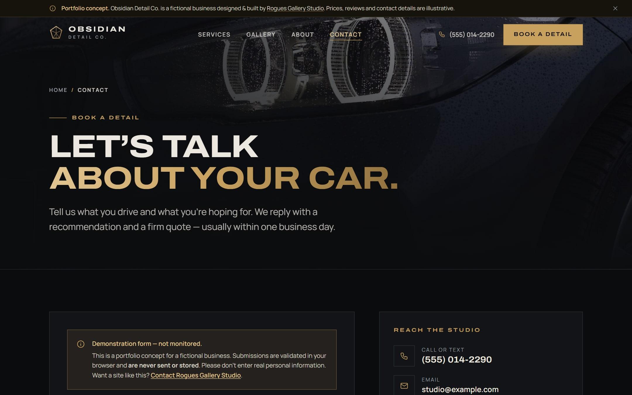 Obsidian Detail Co. booking form in demonstration mode