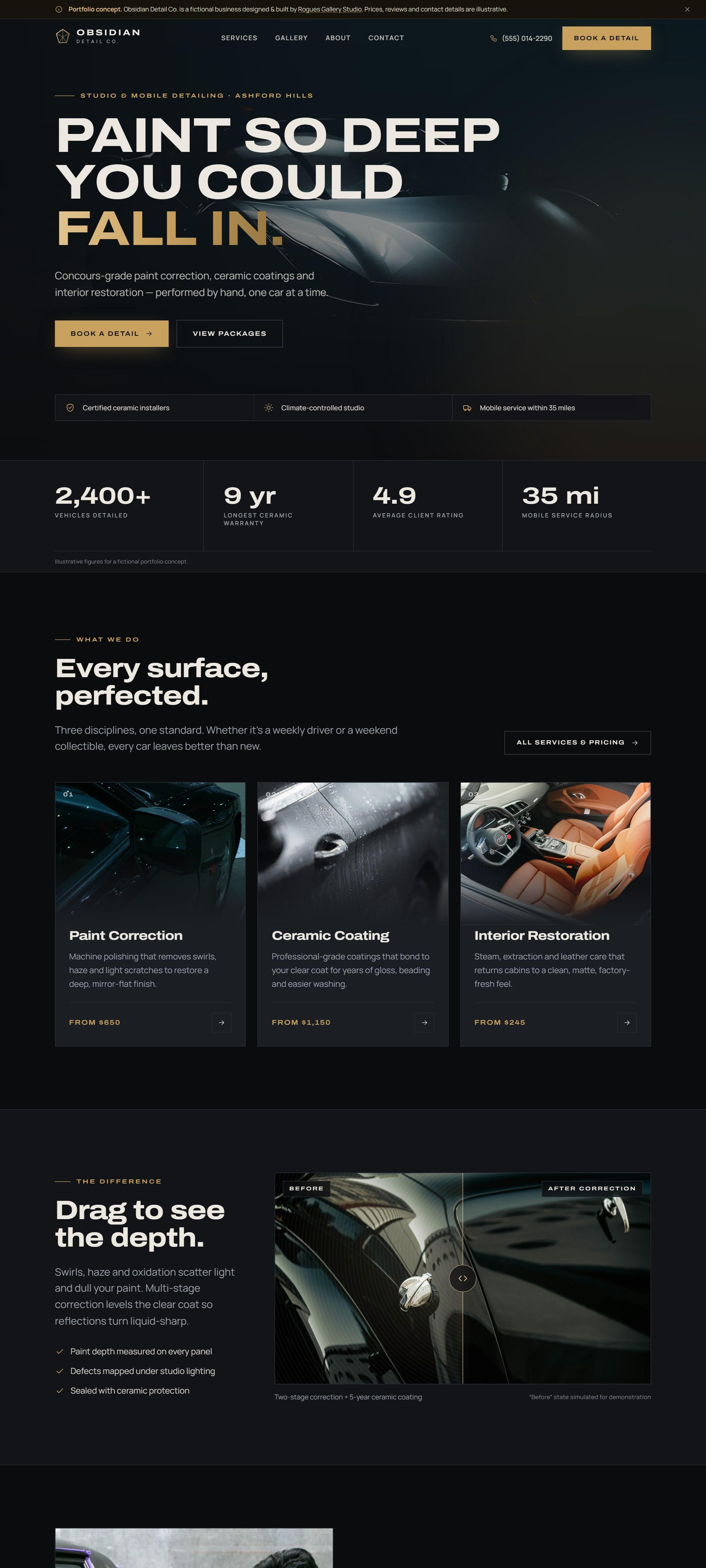 Scrolling view of the Obsidian Detail Co. homepage sections