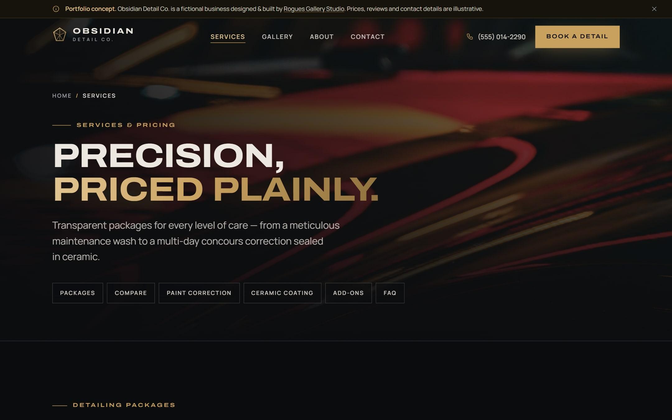 Obsidian Detail Co. services page with vehicle-size pricing toggle
