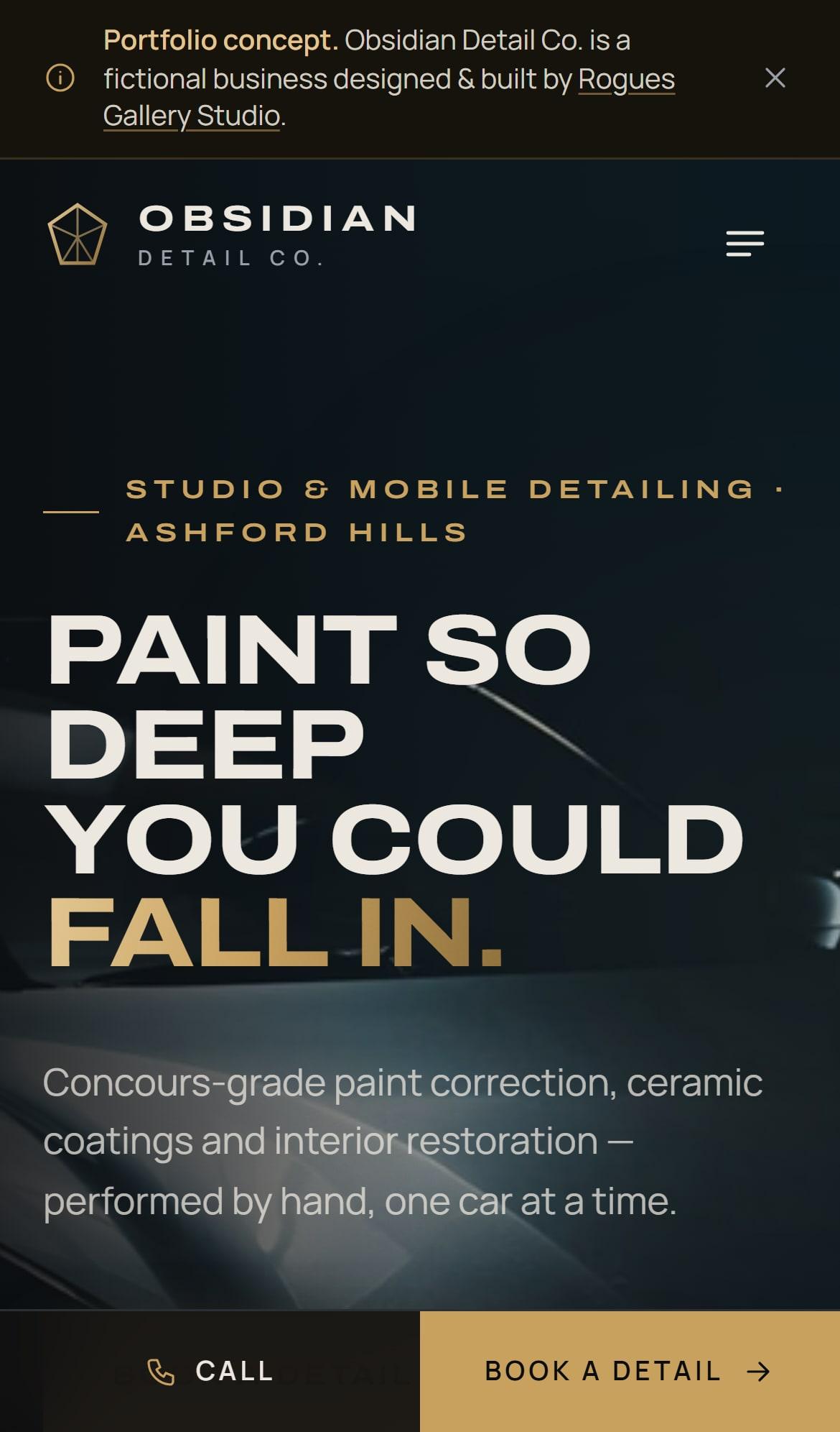Obsidian Detail Co. homepage on a phone